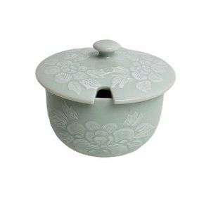 Kutani Mustard Pot Jar White Floral Hand Painted Japan Far East Condiment Asian